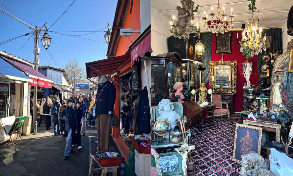 This is an image of a flea market on a sunny day and people walking through. To the right is the inside of a stall with lots of antique furniture.