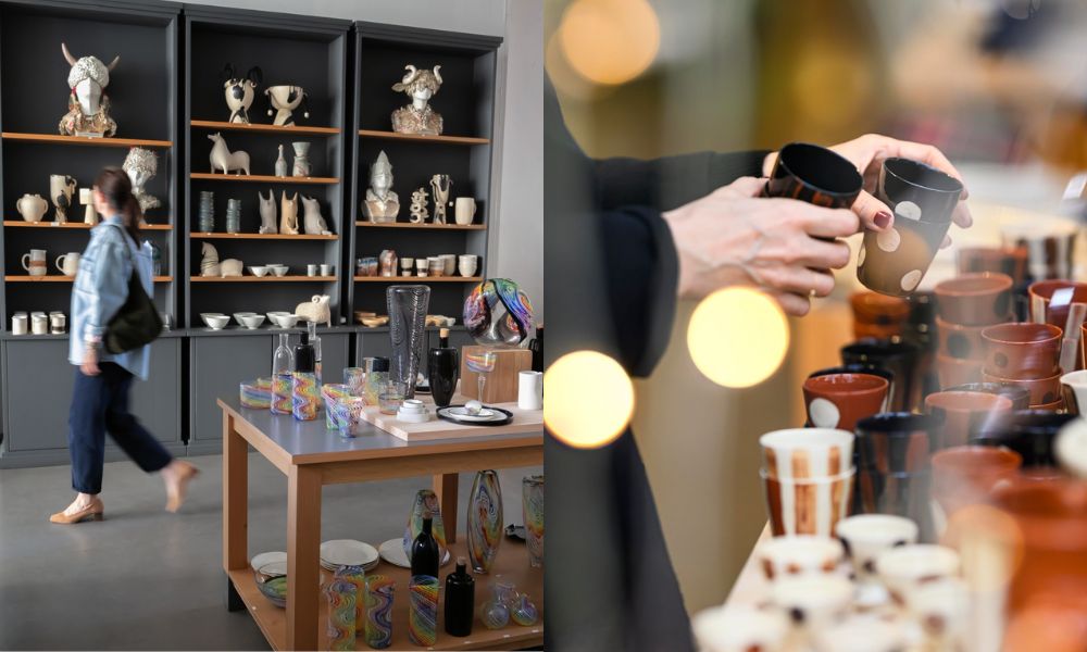 This is an image of someone walking around a beautiful store full of porcelain and handmade homewares. To the right is someone looking at handmade mugs.