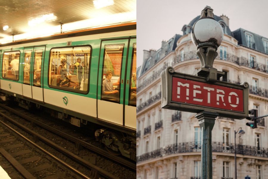 This is an image of the metro passing through the city, as well as one of the old-school metro signs.