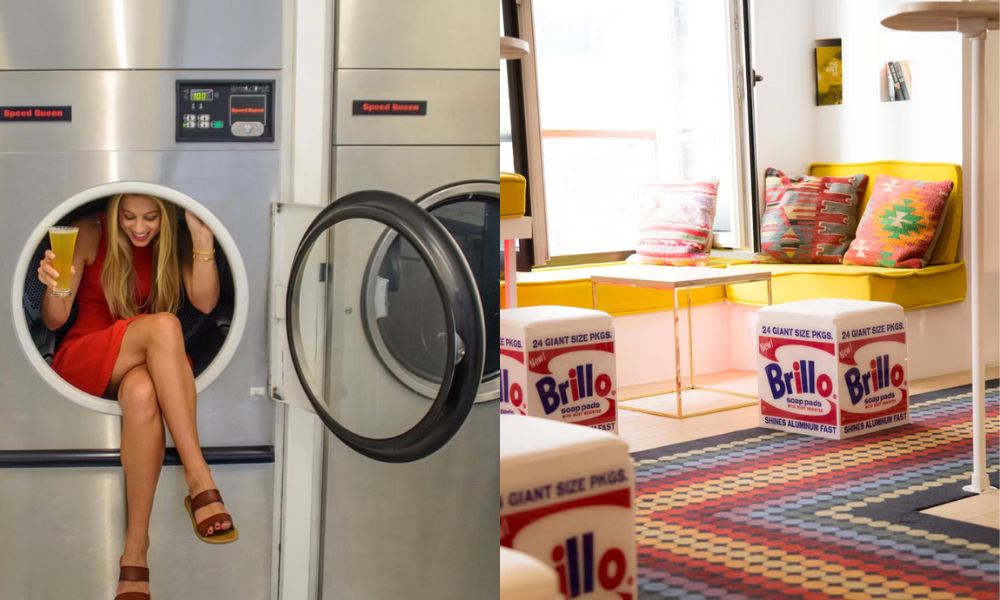 This is an image of a speakeasy bar that fronts as a laundromat.