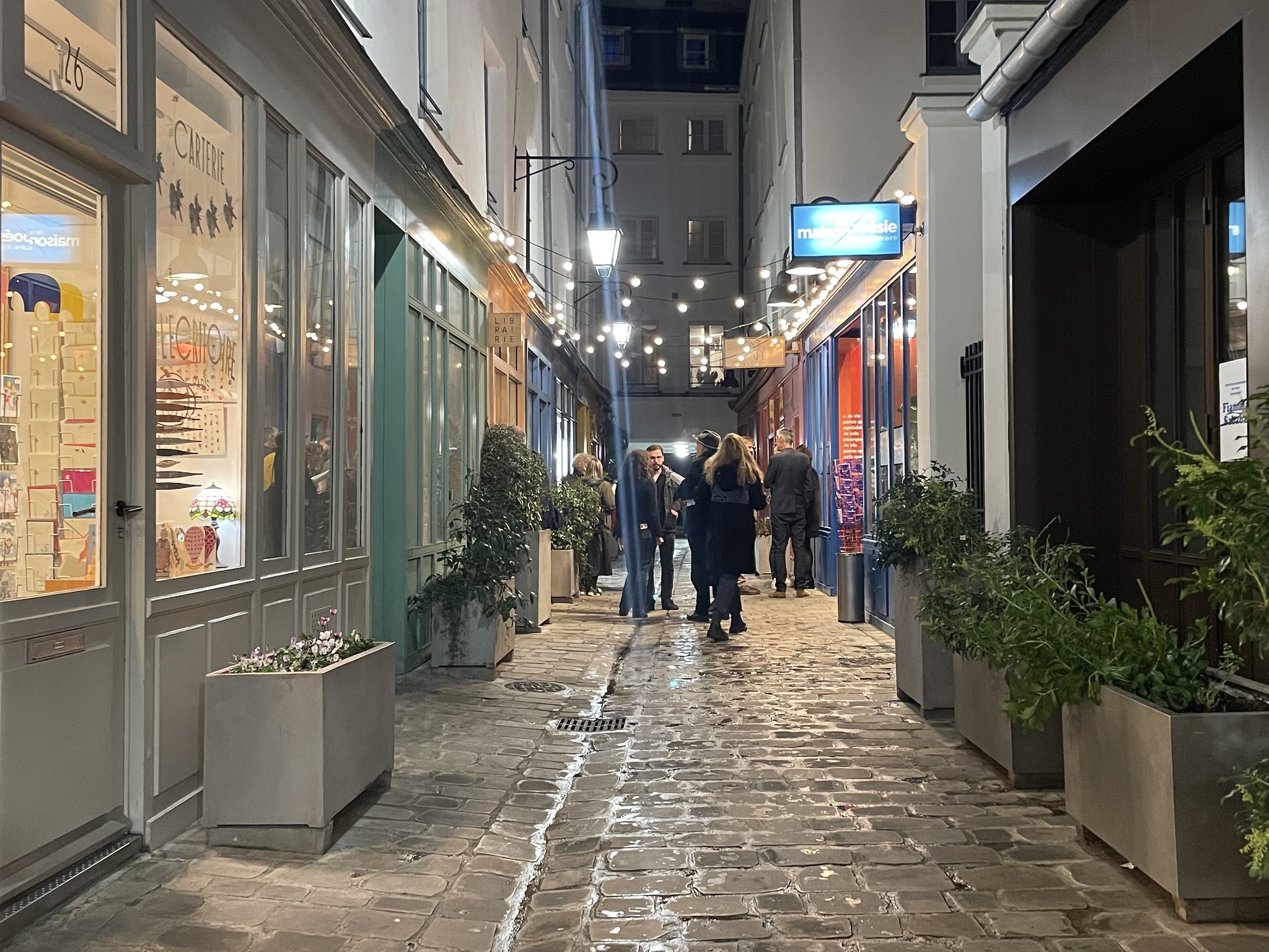This is an image of a dark street with cobblestones and windows lining either side. People are also walking through it in small groups.