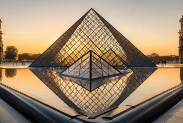 This is an image of the Louvre at sunset with beautiful orange and blues in the background.