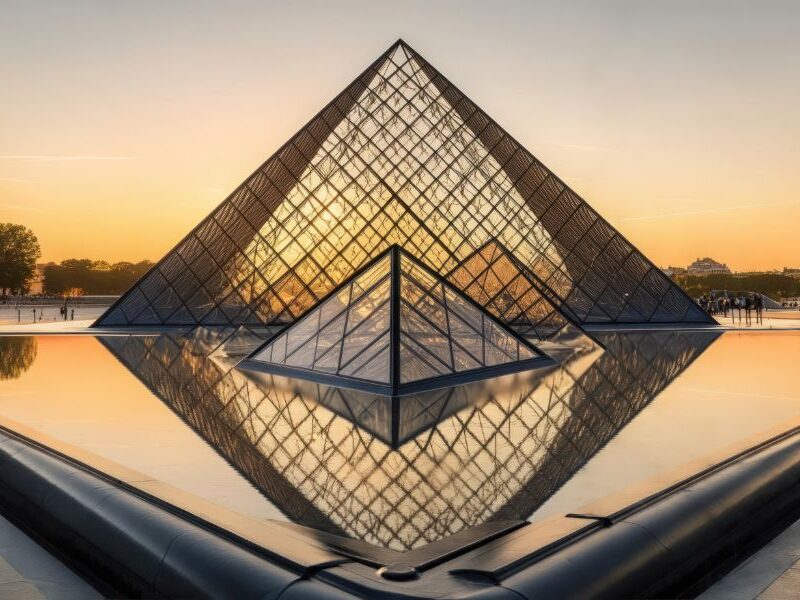 This is an image of the Louvre at sunset with beautiful orange and blues in the background.