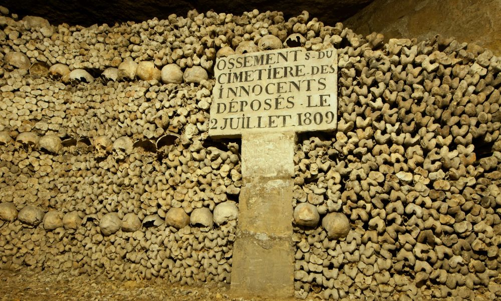This is an image of a bunch of alleged skeletons making up a wall in the catacombs of Paris.