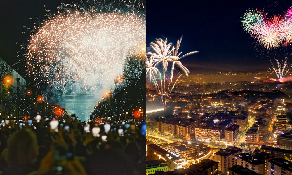 This is an image of fireworks going off in different locations in Paris. The one to the left is a busy Champs Elysees and the one to the right is a broader birds-eye view of the city with the Sacre Coeur in the distance.