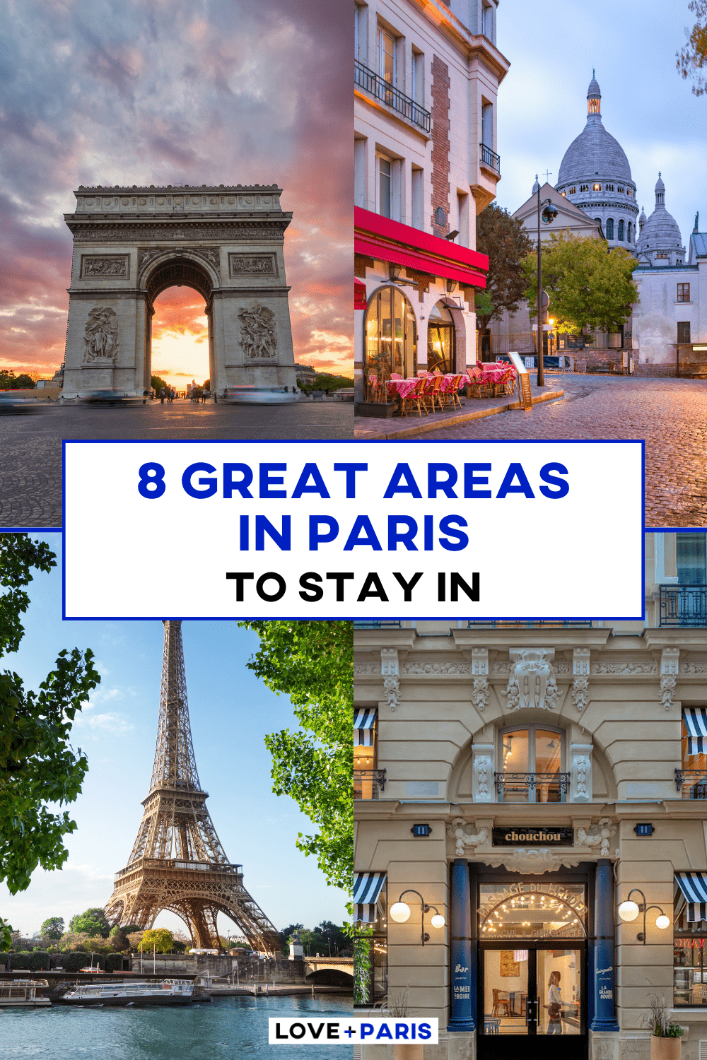 This is a pinterest pins of four images of different hotels and areas of Paris comprised into a grid format with a text box in the middle.