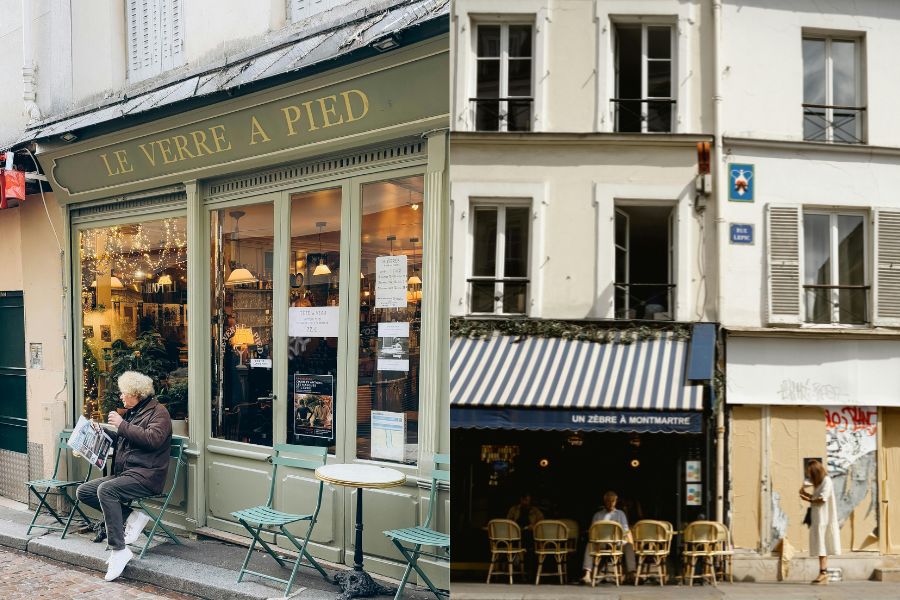 This is an image of two cafe fronts with people sitting outside.