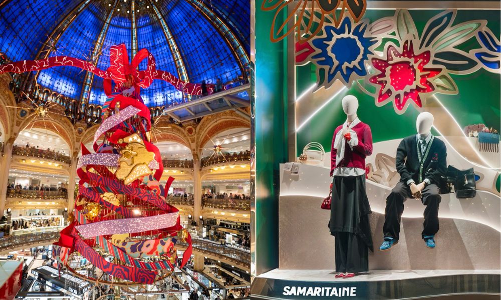 This is an image of a big tree in the middle of Galerie Lafayette's dome building. To the right is a Christmas window with festive mannequins and more.
