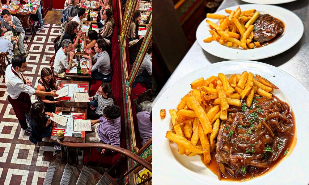 This is an image of a nice restaurant with comfortable seating and tiled flooring. To the right is a steak with frites.