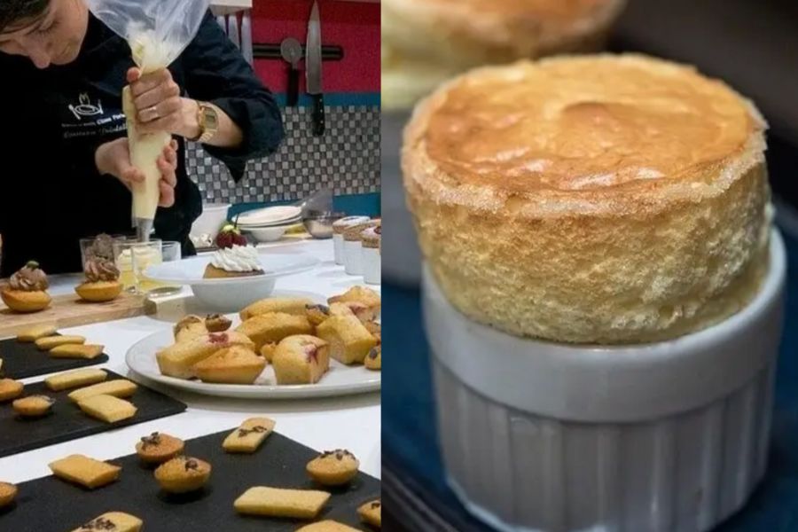 This is an image of a tour group making baked goods and piping things. To the right is a raised pastry dish.