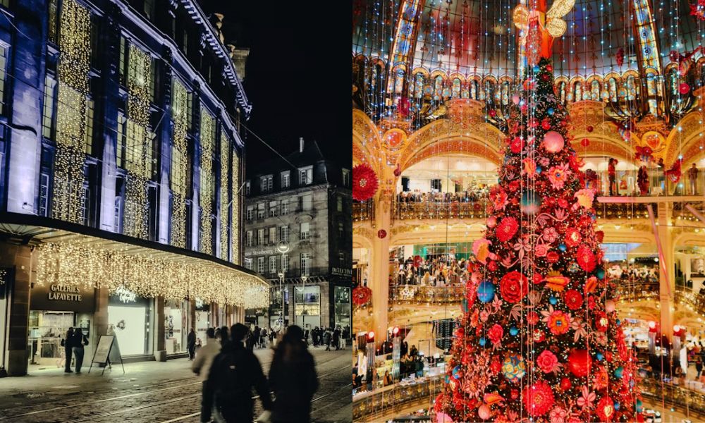 This is an image of Galeries Lafayette with lights out the front and also the big lit-up Christmas tree inside.