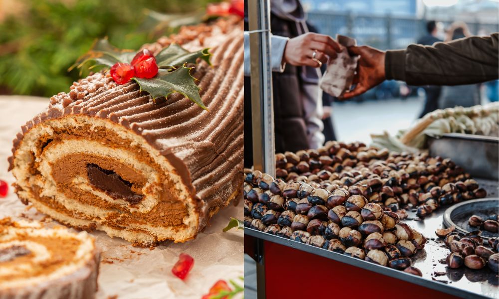 This is an image of a yule log and roasted chestnuts being handed out from a cart.