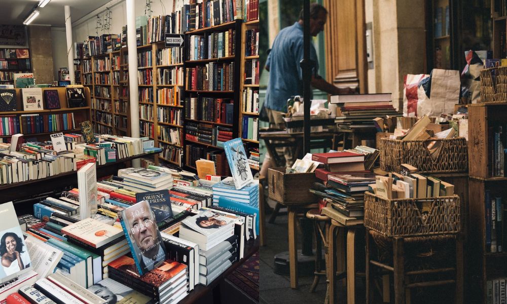 This is an image of a big room full of books on shelves and in boxes.
