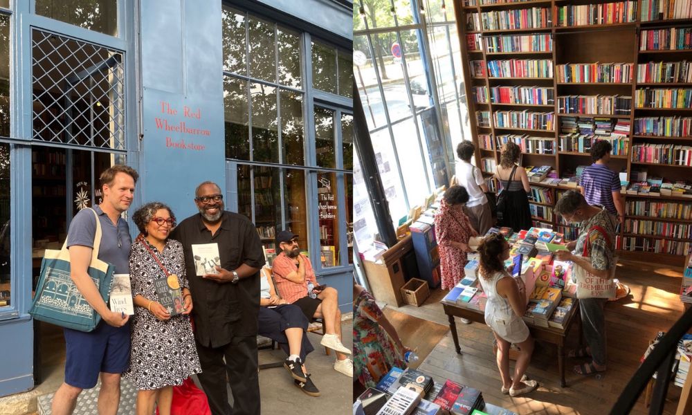 This is an image of a group of friends posing with a book in front of Red Wheelbarrows baby blue exterior. The image to the right is a birde-eye view taken from the top of the stairs in the shop showing walls lined with books and people milling around on the ground floor.