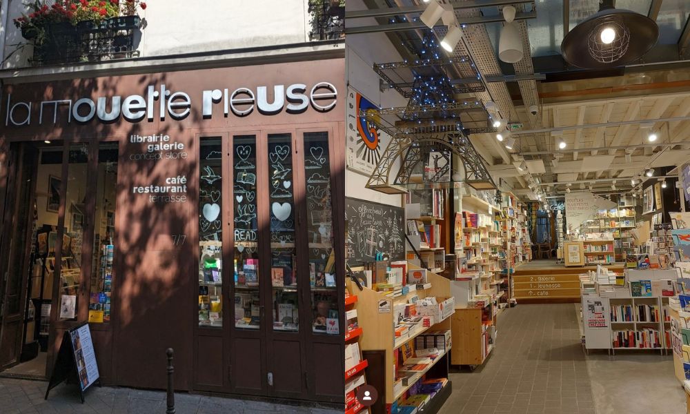 This is an image of a small bookstore in Paris that has a cafe attached. Inside is quite large and spacious despite the entrance looking small.