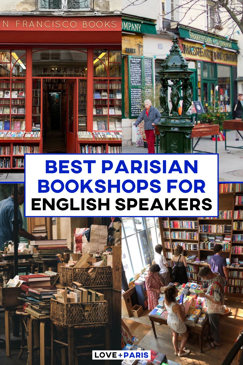This is a Pinterest pin detailing the Best Parisian Bookshops For English Speakers