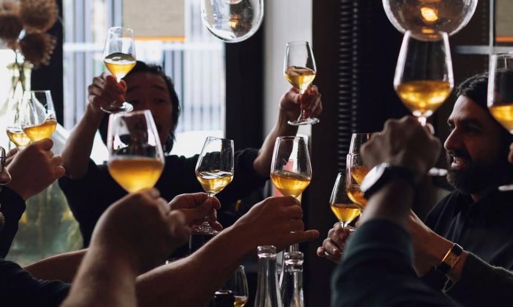 This is an image of a group of people cheersing with their wine glasses.