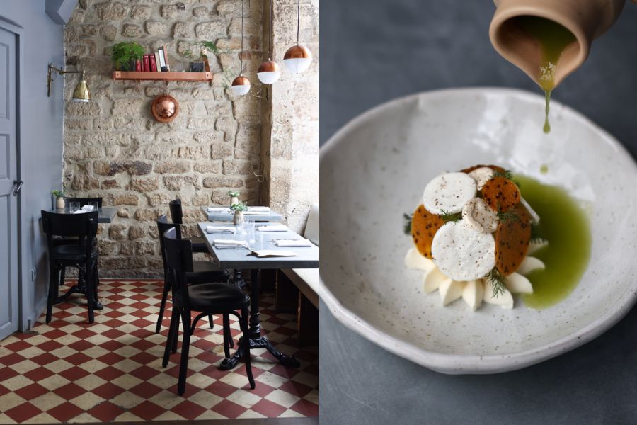 This is an image of a nice restaurant with a brick interior and nice chairs. To the right is a picture of a dish with food and someone is pouring a liquid over the top.