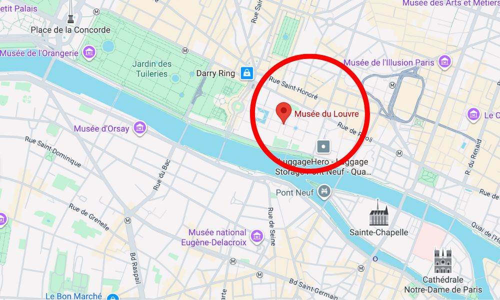 This is a Google Maps screenshot of where the Louvre is situated in relation to the other monuments in Paris. There is a red circle marking exactly where.