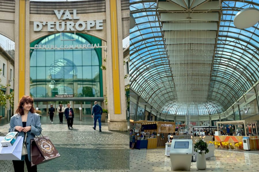 This is an image of a big shopping centre with a lady out the front holding a bunch of shopping bags. To the right is the inside of a shopping centre with an roof full of windows.