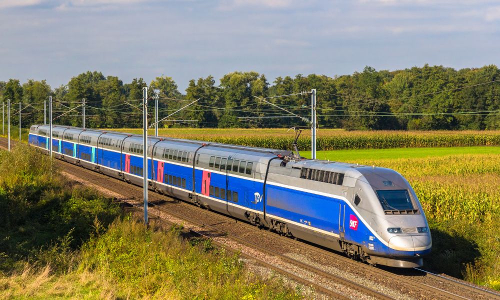 This is a picture of a train in Paris going through fields.