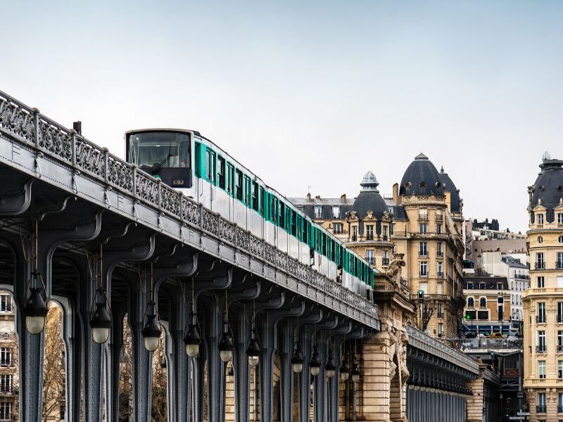 This is an image of a train going over a bridge with Parisian buildings in the backdrop behind it.