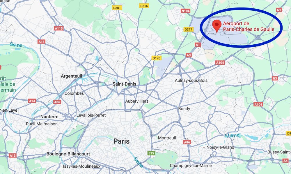This is an image of a Google Map showing the city of Paris and a circle of CDG airport in Paris.