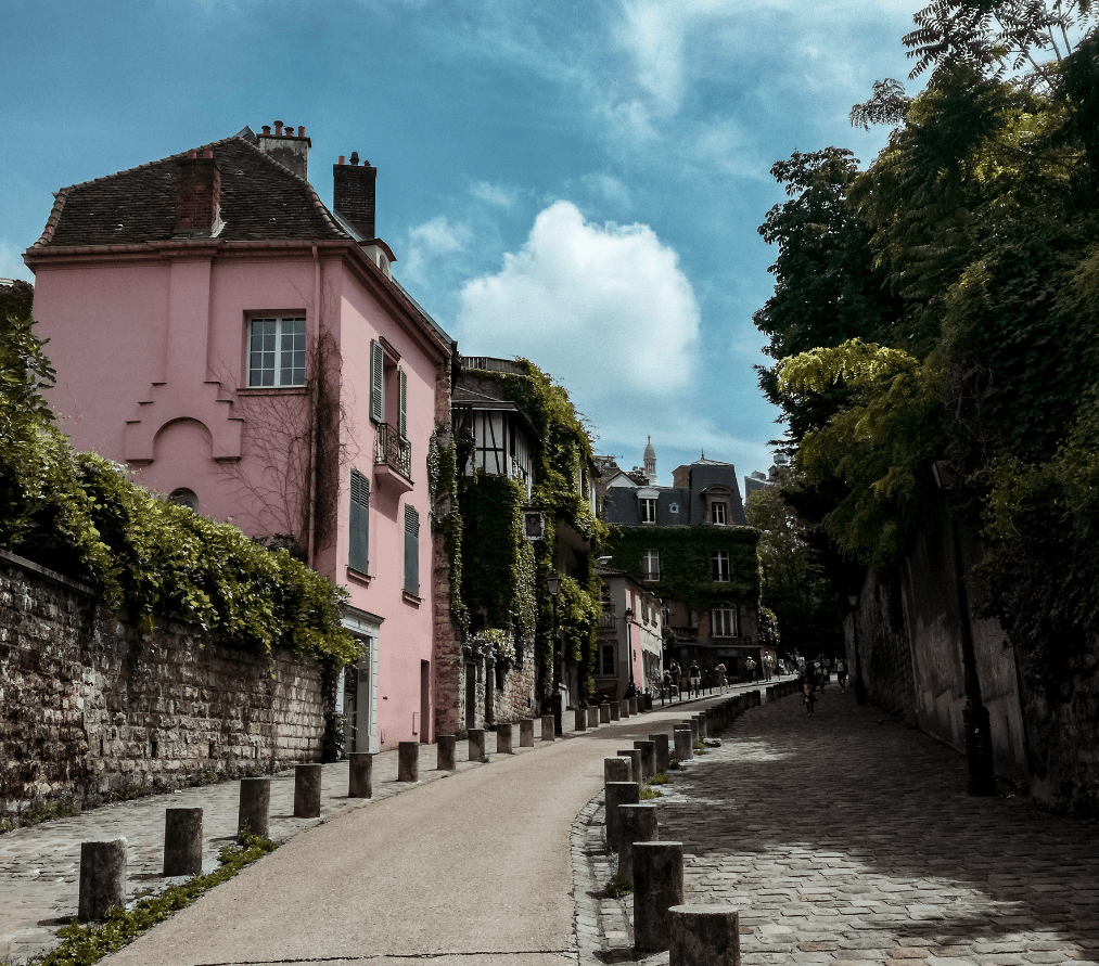 This is an image of a whimsical street with a pink house and big abundant bushes and trees lining the clean street. The sky is blue in the background with a few clouds.