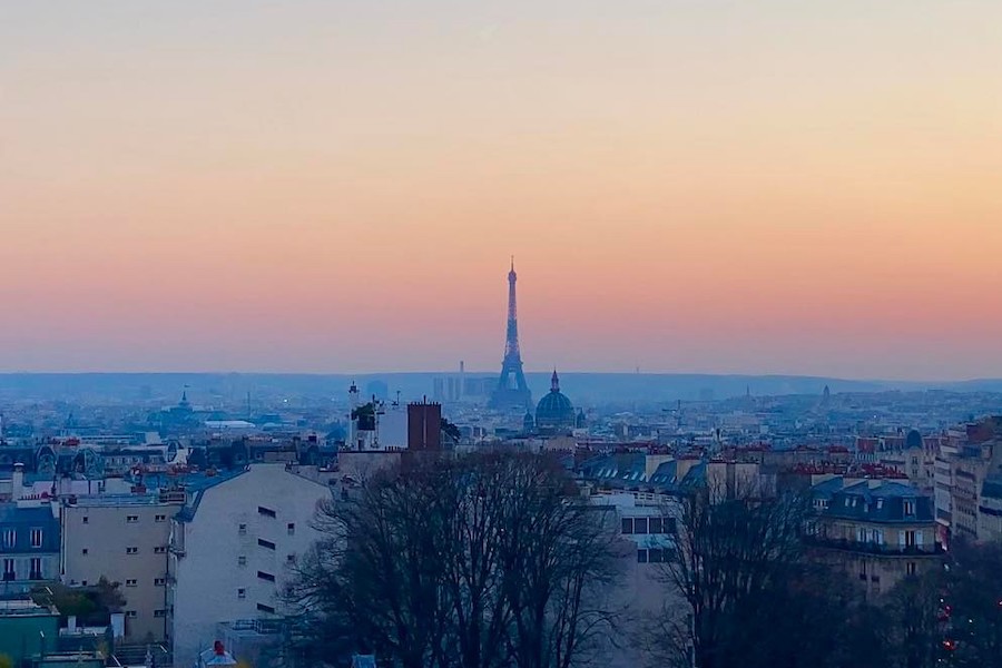 This is an image of Paris from a rooftop. You can see the entire city sprawling out in front of you with a pretty pink sunset behind it.