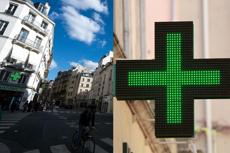A split image showing a Paris street scene with a green pharmacy cross sign visible on a building at left, alongside a close-up of an illuminated green cross-shaped pharmacy sign.