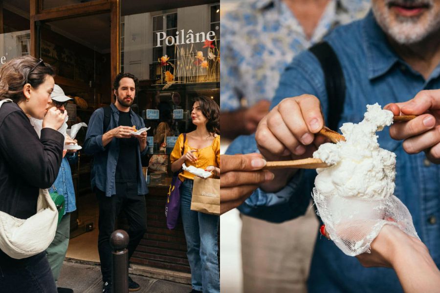 This is an image of a tour group chatting together and eating. To the right is an image of people dipping biscuits into cream.