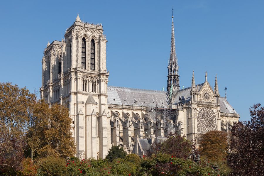 This is an image of Notre Dame Cathedral with blue skies behind it and greenery.