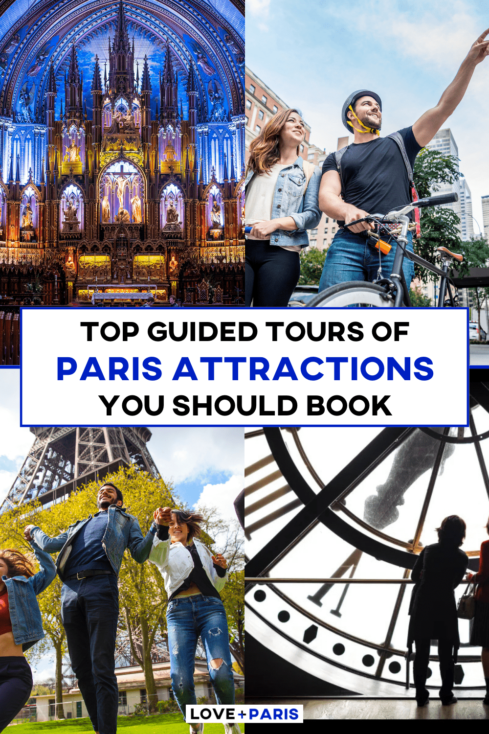 This is a photograph of a pinterest pin of four images in a grid format showing images of different attractions in Paris.