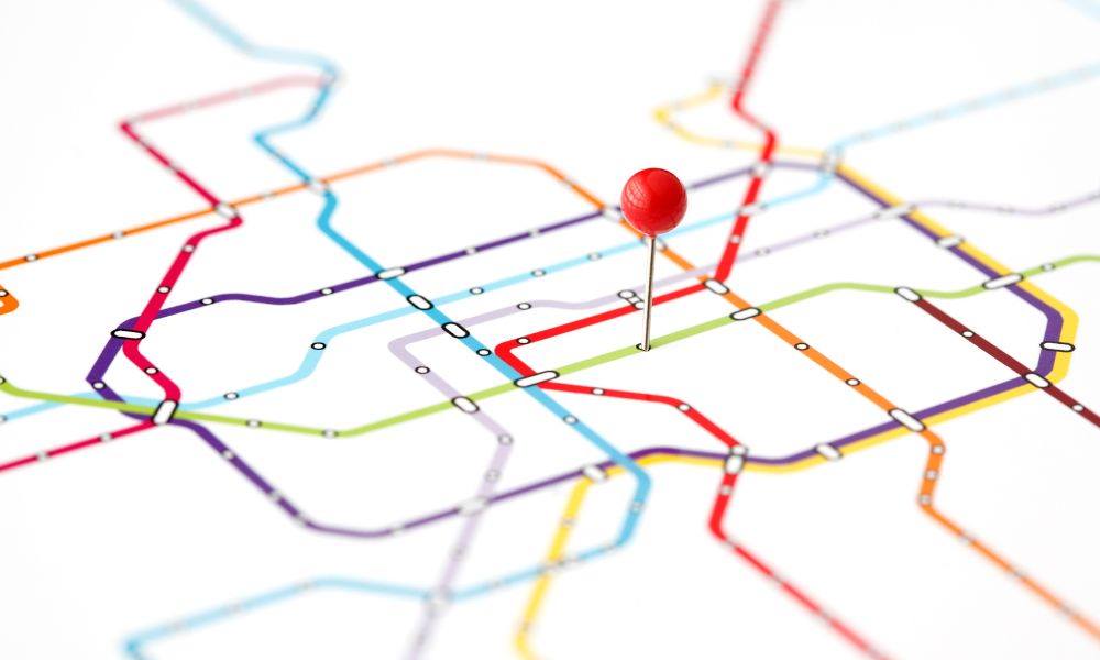 This is an image of a map with a pin and various routes coming out of it.