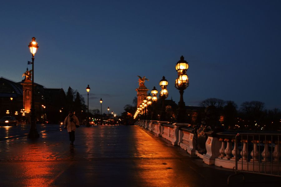 This is an image of an eerie bridge in Paris with street lights lining it as it is dark.