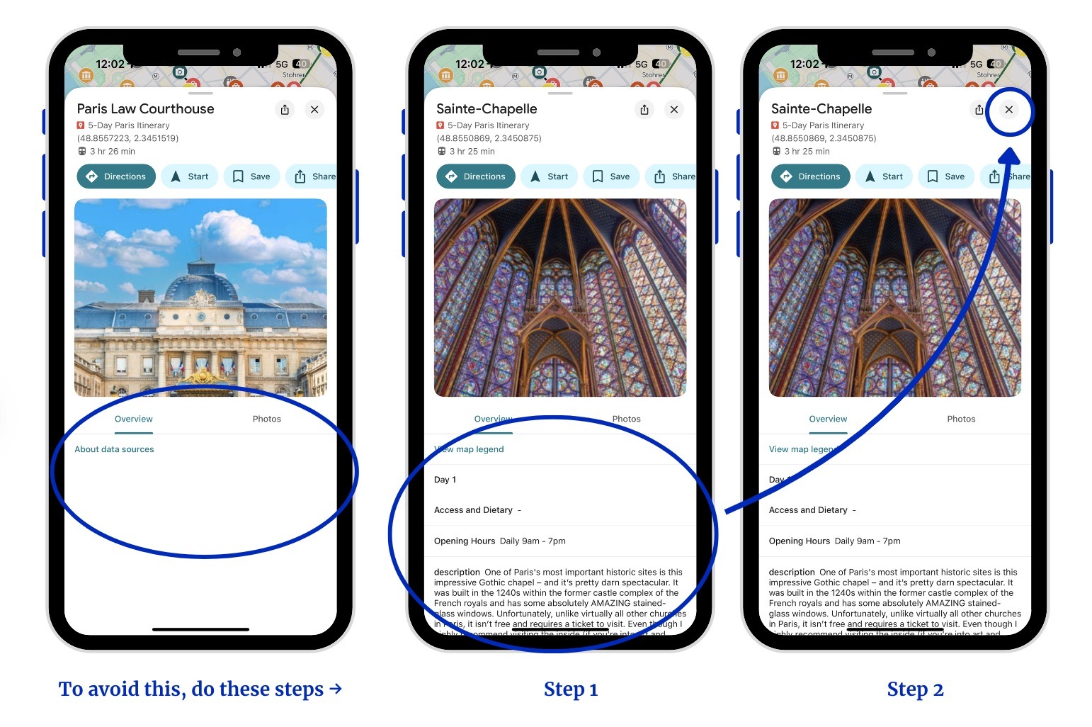 Three phones are pictured side by side to demonstrate how you can easily get the descriptions for the pin to show up by making sure to click the 'X' or anywhere else on the map before picking a new location.