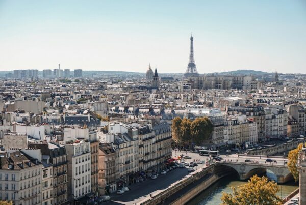 This is an image of Paris from a height. You can see its skyline with the Eiffel Tower being the most prominent feature.