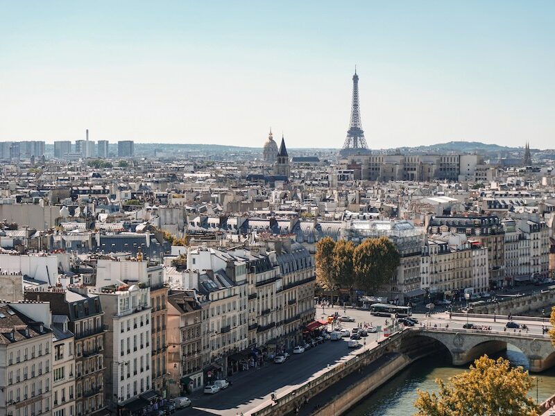 This is an image of Paris from a height. You can see its skyline with the Eiffel Tower being the most prominent feature.